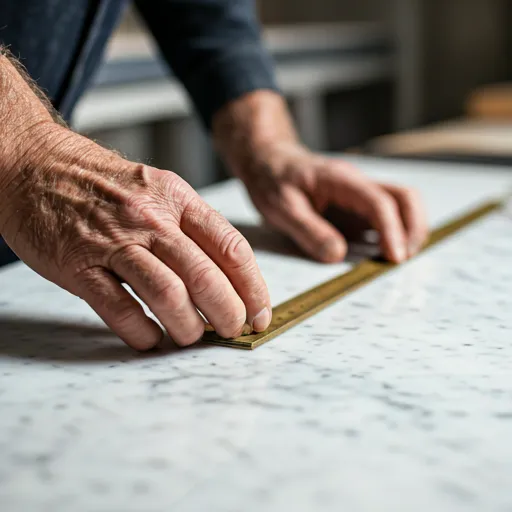 Master artisan measuring marble slab with brass ruler
