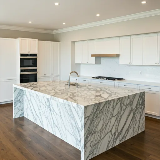 Luxury kitchen with bookmatched marble waterfall island