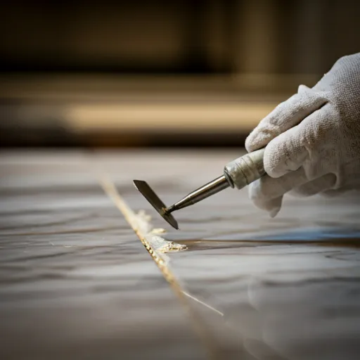 Artisan applying epoxy to marble seam with precision tool