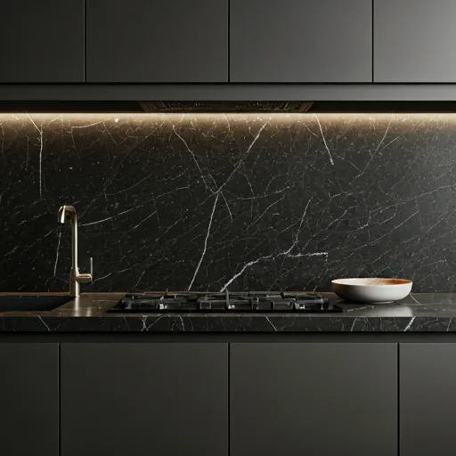 Close-up of polished granite slab with veining detail in a Miami kitchen