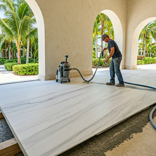 Professional installers leveling massive marble slab with suction equipment